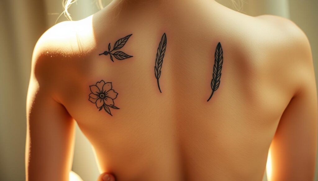 A delicate array of personalized spine tattoo designs, featuring intricate floral motifs, ethereal feathers, and graceful calligraphic elements. The designs are elegantly showcased against a softly lit, textured skin canvas, creating an intimate, feminine, and visually captivating scene. The lighting is warm and gentle, accentuating the curves of the spine and the delicate nature of the tattoos. The camera angle is slightly elevated, allowing for a thoughtful, artistic perspective that celebrates the beauty and uniqueness of these personalized, empowering body artworks.