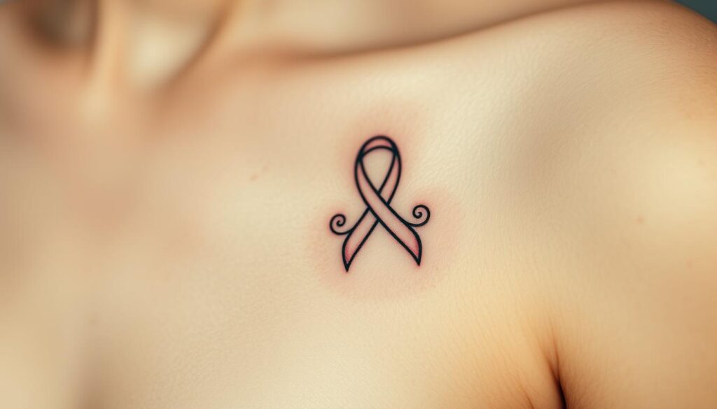 A delicate autism awareness ribbon, intricately entwined with subtle swirls and organic patterns, takes center stage. The design is rendered in a muted, earthy color palette, conveying a sense of tranquility and introspection. Soft, diffused lighting casts gentle shadows, adding depth and dimension to the tattoo. The composition is balanced, with the ribbon and patterns filling the frame, creating a minimalist, yet impactful visual. This small, yet powerful tattoo design serves as a discreet, yet meaningful reminder of the lived experiences and resilience of those on the autism spectrum.