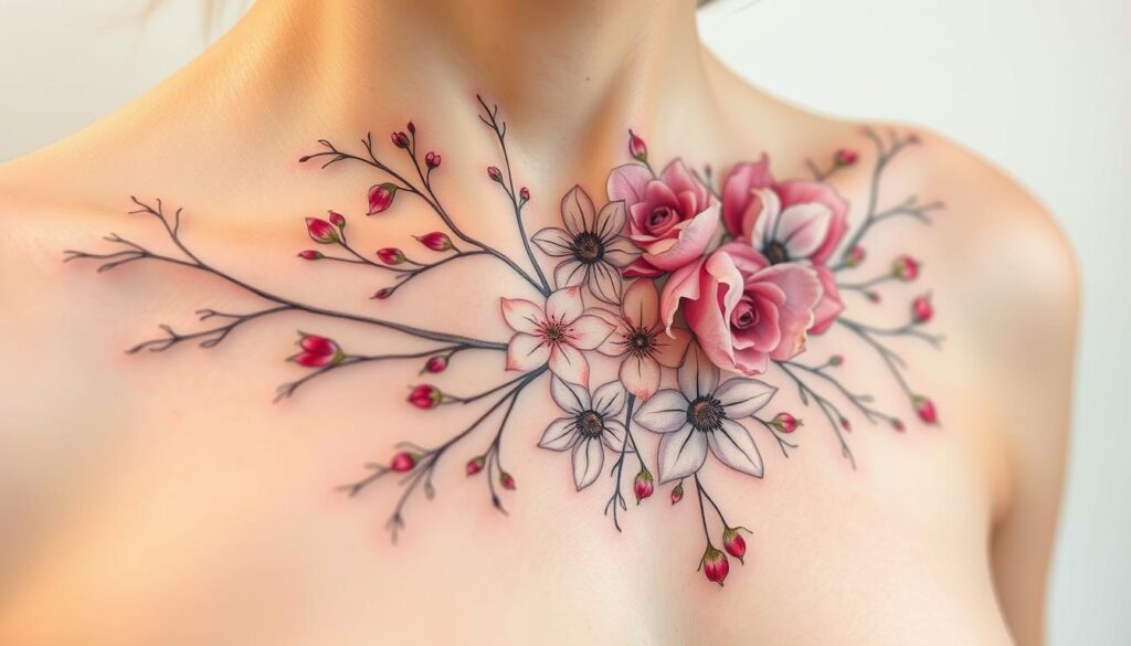 A delicate bouquet of fragrant flowers blooming on the skin, their petals unfurling in a soft, natural embrace. Intricate linework and watercolor washes capture the ephemeral beauty of botanicals - roses, peonies, jasmine, and more - swirling across the foreground in a mesmerizing, minimalist composition. Lighting is gentle, with a warm, diffused glow highlighting the subtle textures and shading. The overall mood is one of understated elegance and a connection to the natural world, creating a striking yet feminine tattoo design.