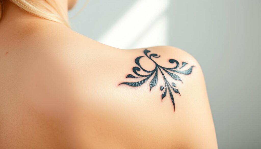 A delicate close-up of a healing back shoulder tattoo, bathed in soft, natural lighting. The skin is gently peeled, revealing the fresh ink beneath, still glistening with a protective film. The edges of the tattoo are slightly raised, a sign of the body's natural healing process. In the background, a blurred, minimalist backdrop adds a sense of serene tranquility, allowing the focus to remain on the intricate tattoo design and its gradual transformation. The overall atmosphere conveys a sense of care, patience, and the beauty of the body's resilience.