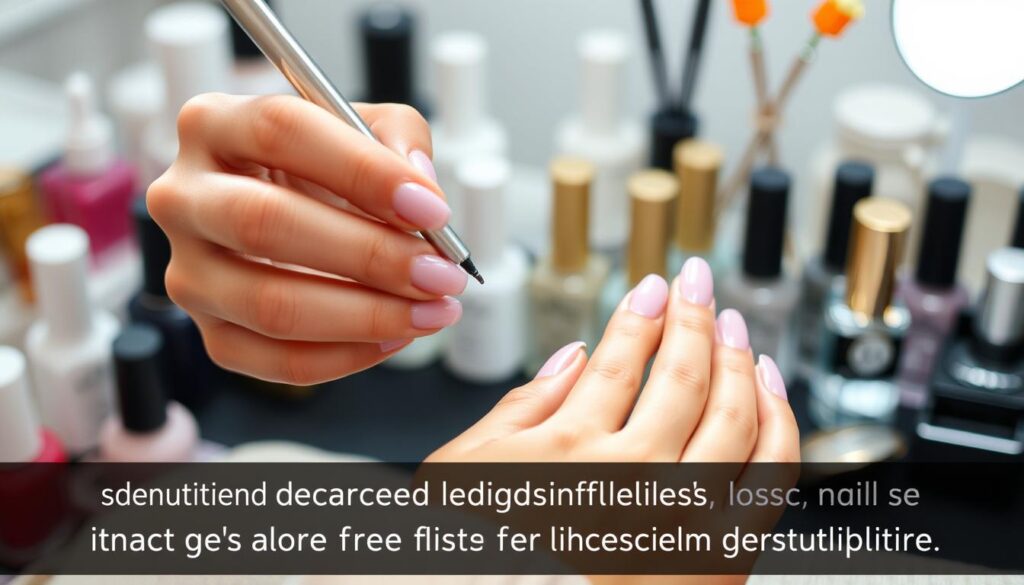 A delicate close-up of a woman's hands carefully applying a gel topcoat to freshly manicured nails. The nails are shaped and buffed to perfection, reflecting the soft lighting overhead. In the background, an array of nail polish bottles and other manicure tools create a soothing, spa-like atmosphere. The image conveys the precision and care required to maintain a long-lasting gel manicure, with a focus on the essential steps for achieving a flawless, salon-quality result.