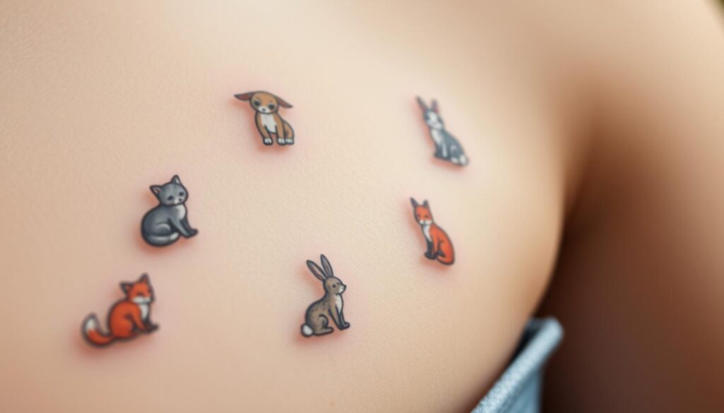 A delicate close-up of tiny, whimsical animal tattoos adorning a person's skin. The designs are intricately detailed, with fine lines and soft, lifelike textures. Creatures like playful kittens, curious foxes, and fluffy bunnies are depicted in a range of natural colors and poses, creating a charming, enchanting scene. The lighting is soft and diffused, highlighting the delicate nature of the ink. The angle is close and intimate, capturing the beauty and personality of these small, adorable tattoos.