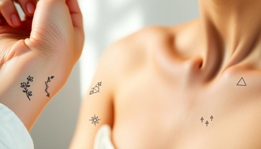 A delicate close-up of various small, cute tattoo placement ideas on a female body, captured in a soft, natural lighting environment. The foreground features detailed sketches of minimalist floral, celestial, and geometric tattoo designs on the wrist, behind the ear, and on the collarbone. The middle ground showcases the graceful lines and curves of the subject's skin, accentuating the potential canvas for these tiny, delicate tattoos. The background is blurred, creating a serene, intimate atmosphere that highlights the personal, meaningful nature of these small, dainty tattoo placements.