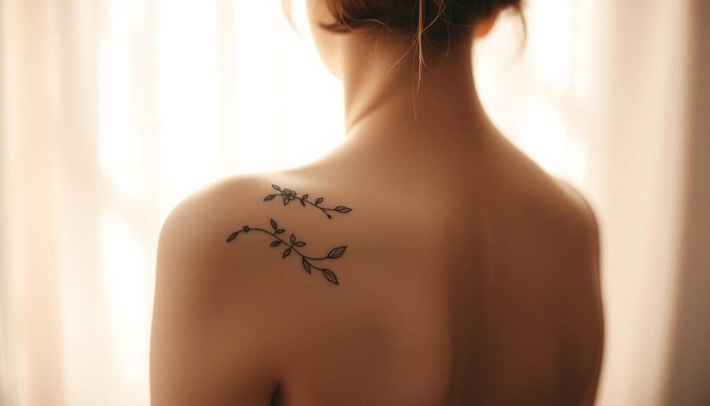 A delicate collage of ethereal shoulder tattoos, elegantly adorning a woman's skin. In the foreground, intricate line art and delicate floral designs dance across the shoulder, their intricate patterns casting soft shadows. The middle ground features the smooth, luminous skin of the subject, highlighted by natural, warm lighting from an unseen source. In the background, a hazy, atmospheric blur evokes a serene, intimate ambiance, allowing the tattoos to take center stage. The overall impression is one of understated beauty, femininity, and the empowering allure of small, thoughtfully placed shoulder tattoos.