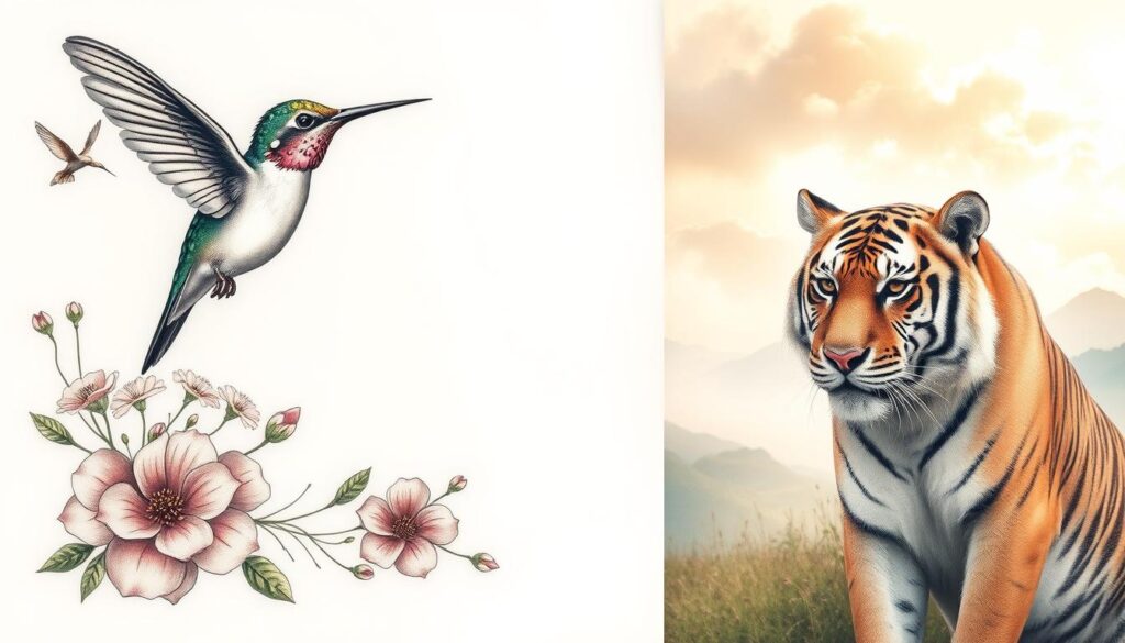 A delicate collage of exquisite animal-inspired tattoos, meticulously rendered with a soft, romantic touch. In the foreground, a graceful hummingbird, its wings mid-flutter, its plumage shimmering with intricate details. Surrounding it, a cluster of delicate floral motifs, petals unfurling in a gentle, naturalistic composition. In the middle ground, a majestic tiger, its intense gaze and powerful musculature subtly captured, its stripes blending seamlessly with a lush, verdant background. In the distance, a serene, watercolor-esque landscape, where wispy clouds and a warm, golden light create a dreamlike, atmospheric ambiance. The overall effect is one of elegant, whimsical beauty, evoking the enchanting essence of animal-inspired tattoo art.
