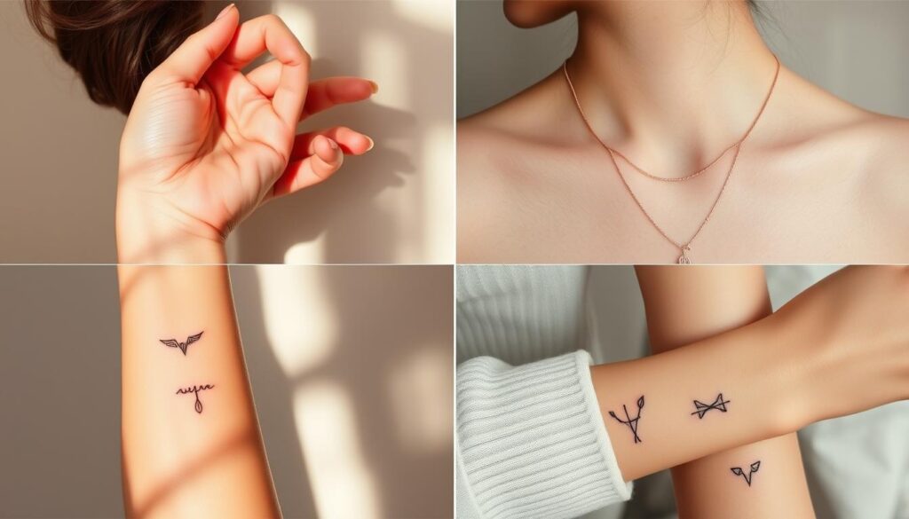 A delicate collage of minimalist tattoo designs in various placements on a soft, natural background. Subtle shadows and highlights accentuate the intricate line work and negative space. The tattoos are positioned elegantly on the wrist, behind the ear, on the collarbone, and the inner forearm, showcasing diverse yet harmonious small tattoo ideas. The overall composition has a serene, intimate mood, inviting the viewer to imagine the personal meanings and stories behind each thoughtfully placed tattoo.