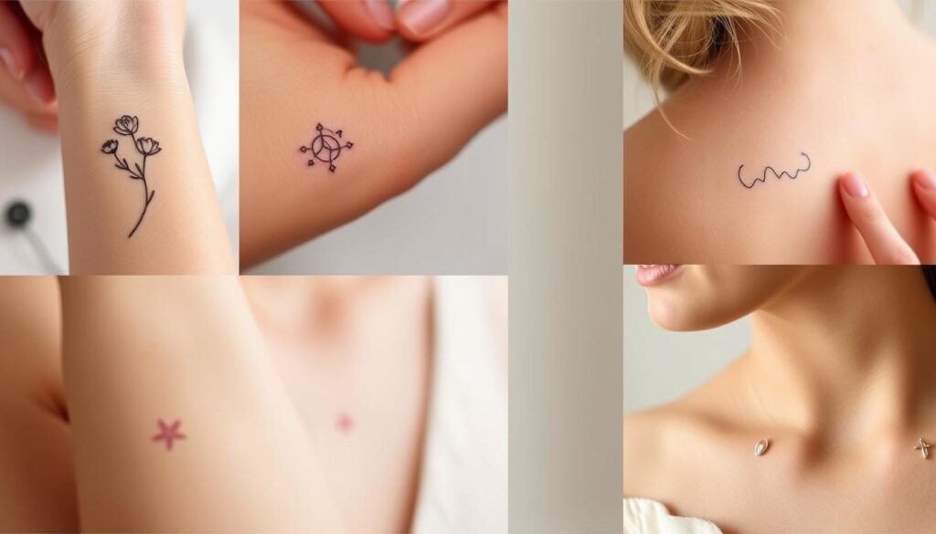A delicate collage of small, elegant tattoos adorning the soft skin of a woman's body. The foreground features intricate designs like a delicate floral, a minimalist line art, and a dainty celestial motif, each carefully placed to complement the natural curves. The middle ground showcases the tattoos' placement, with a focus on the wrist, behind the ear, and on the collarbone, highlighting how small tattoos can be both visually striking and discreetly feminine. The background is a soft, diffused light, creating a warm, intimate atmosphere that emphasizes the personal, self-expressive nature of these small, thoughtful tattoos. Captured with a shallow depth of field and natural, flattering angles to showcase the tattoos as the central focus.