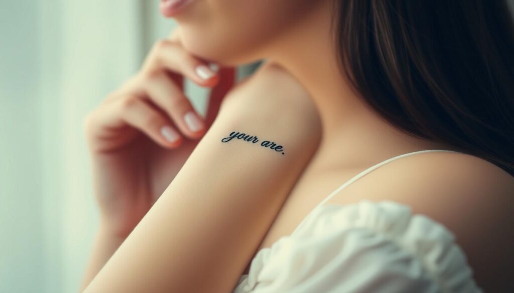 A delicate, cursive one-word tattoo on a young woman's wrist, with a soft, diffused lighting highlighting the elegance of the design. The tattoo is set against a blurred, ethereal background, creating a sense of intimacy and personal significance. The overall mood is thoughtful, introspective, and visually captivating, reflecting the power of a simple yet meaningful expression.