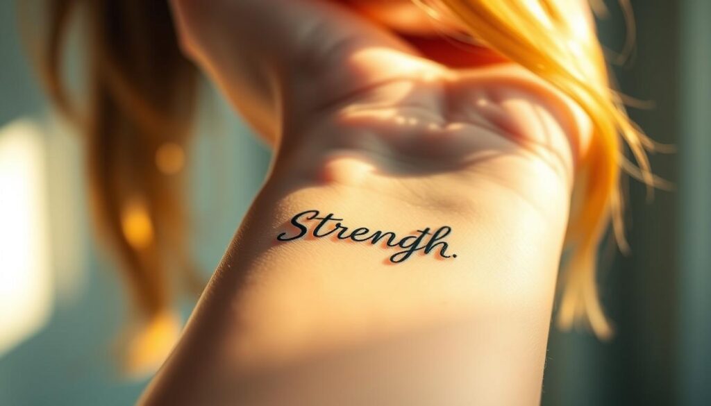A delicate, cursive-style Bible verse tattoo on a female's wrist, illuminated by warm, natural lighting. The tattoo features a simple, yet powerful message of "Strength" rendered in an elegant script. The skin tone is fair and smooth, with a slight sheen reflecting the light. The angle captures the tattoo in a close-up, emphasizing the intricate details and the sense of personal meaning. The background is subtly blurred, creating a focus on the tattoo as the central subject, conveying a sense of tranquility and inner resolve.