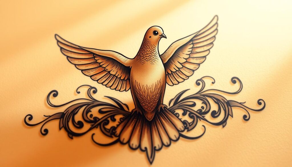 A delicate dove, its wings outstretched in a graceful arc, perched atop a beautifully rendered tattoo design. The dove's feathers are meticulously detailed, each one capturing the soft, wispy texture of its plumage. The design incorporates intricate patterns and flourishes, creating a harmonious and visually striking composition. The background features a subtle, ethereal glow, lending an almost heavenly, spiritual atmosphere to the scene. Warm, directional lighting casts gentle shadows, accentuating the depth and dimension of the tattoo. The overall aesthetic evokes a sense of peace, tranquility, and divine inspiration, perfectly capturing the essence of a "Heaven Dove Tattoo."
