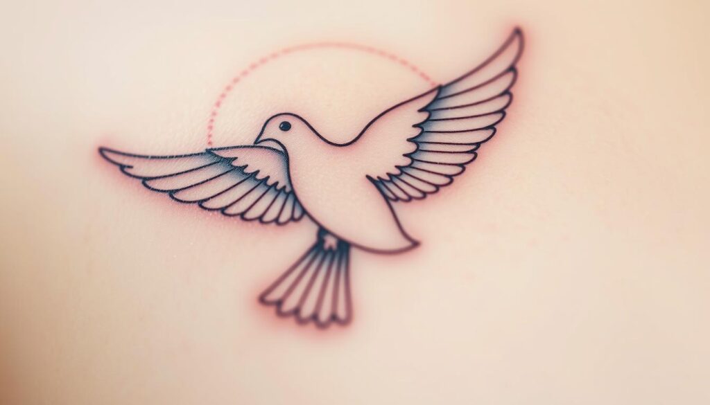 A delicate dove spreads its wings, its feathers shimmering with a soft ethereal glow. The bird's form is etched in intricate linework, the design elegant and minimalist, mirroring the serene tranquility of the heavens. The dove is positioned prominently, occupying the central focus of the frame, while a subtle halo-like haze surrounds it, lending an air of divine sanctity. The background is rendered in muted, pastel tones, creating a sense of peaceful contemplation, as if the viewer is transported to a realm of celestial harmony. Captured through a sharp, close-up lens, the tattoo design exudes a sense of reverence and spiritual connection.