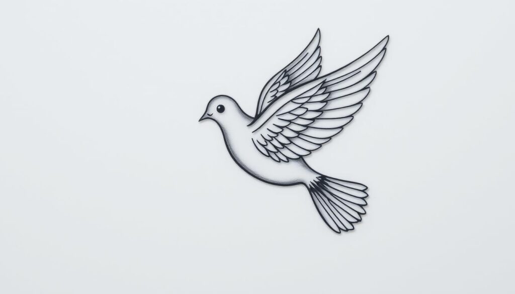 A delicate dove tattoo design with intricate feather patterns, perched gracefully against a soft, hazy background. The dove's wings are spread, conveying a sense of gentle movement and lightness. The design features a blend of realistic and minimalist elements, with fine linework and subtle shading to capture the dove's natural beauty. The overall composition evokes a peaceful, serene atmosphere, suitable for a tattoo that represents spiritual themes, hope, or a connection to the divine.
