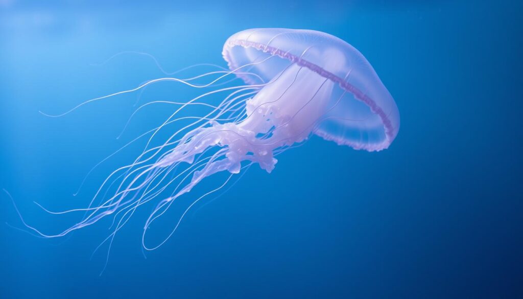 A delicate, ethereal jellyfish gracefully drifting against a serene, underwater backdrop. The translucent, flowing tentacles radiate a sense of tranquility and resilience. Soft, bioluminescent lighting casts a mesmerizing glow, highlighting the jellyfish's intricate, hypnotic patterns. The composition emphasizes the creature's symbolic meanings of transformation, adaptability, and the delicate balance of life. A sense of tranquility and introspection permeates the scene, inviting the viewer to contemplate the deeper significance of the jellyfish tattoo design.