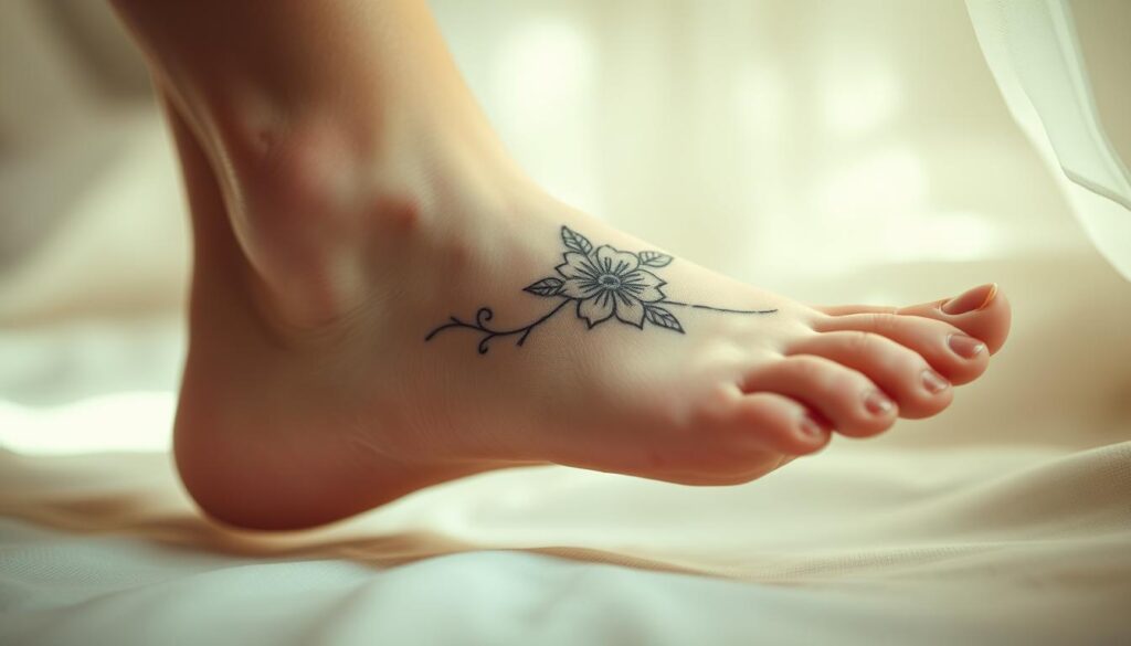 A delicate, feminine foot adorned with a delicate, intricate floral tattoo design. The tattoo is situated on the top of the foot, with the design flowing gracefully across the skin. The foot is positioned in a relaxed, natural pose, with the toes gently curled. The lighting is soft and diffused, creating a warm, inviting atmosphere. The background is hazy and blurred, allowing the focus to remain on the captivating tattoo. The overall impression is one of beauty, elegance, and the allure of personal self-expression through body art.