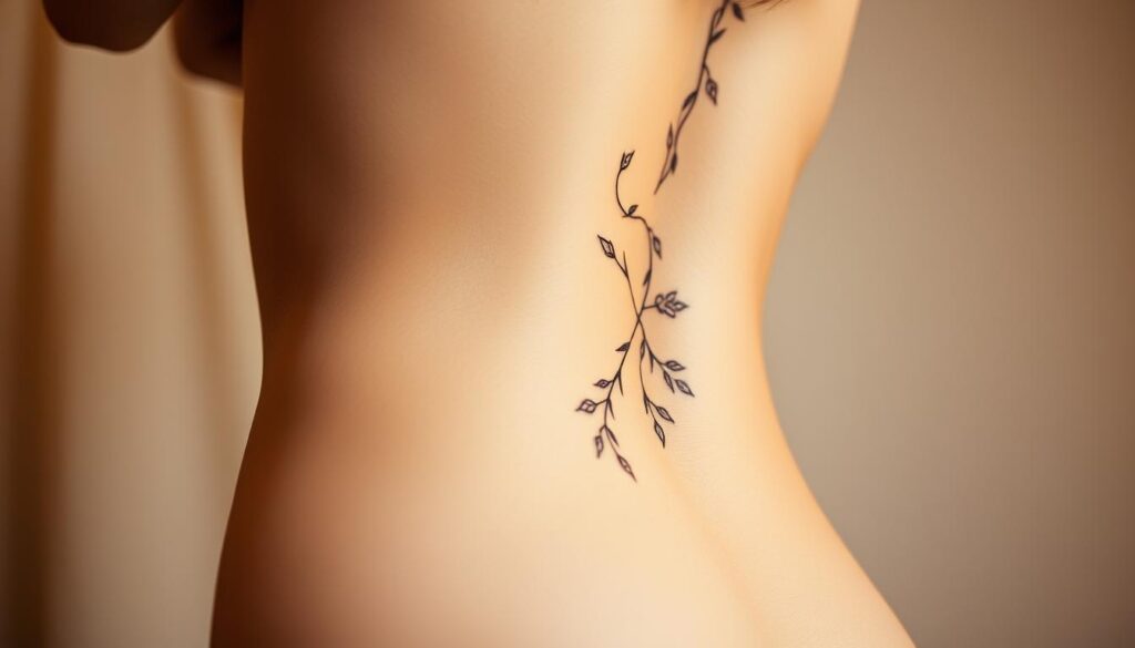 A delicate, feminine spine tattoo elegantly winds its way along the curves of a woman's back, accentuating her graceful silhouette. Soft, diffused lighting casts a warm, romantic glow, highlighting the intricate linework and delicate floral motifs that dance across her skin. The tattoo's design is a harmonious blend of strength and delicacy, reflecting the duality of the feminine spirit. The scene is captured from a low angle, emphasizing the lithe, slender form and the alluring, almost mystical, appeal of this intimate form of body art.