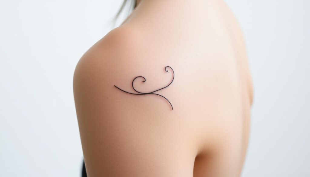 A delicate, finely etched tattoo design emerges from a softly lit, minimalist background. The intricate linework showcases the artist's precision and attention to detail, with graceful, flowing patterns that capture the essence of minimalist fine line tattooing. The tattoo appears to be on a neutral, subtly textured skin tone, allowing the delicate lines to take center stage. The lighting is soft and diffused, creating a sense of tranquility and timelessness. The overall composition and mood evoke the artistry and skill required to create these timeless, minimalist tattoo designs.
