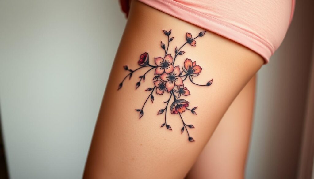 A delicate floral arrangement cascades across a shapely thigh, petals unfurling in a symphony of color and texture. Soft, diffused lighting casts a romantic glow, highlighting the intricate details of the design - lush blooms, delicate vines, and subtle shading that accentuates the natural curves of the leg. The composition is balanced and elegant, evoking a sense of timeless femininity. The tattoo is depicted from a slight angle, allowing the viewer to appreciate the artistry and placement on the body. An air of tranquility and beauty permeates the scene, inviting the viewer to imagine the wearer's personal connection to this stunning floral thigh tattoo.