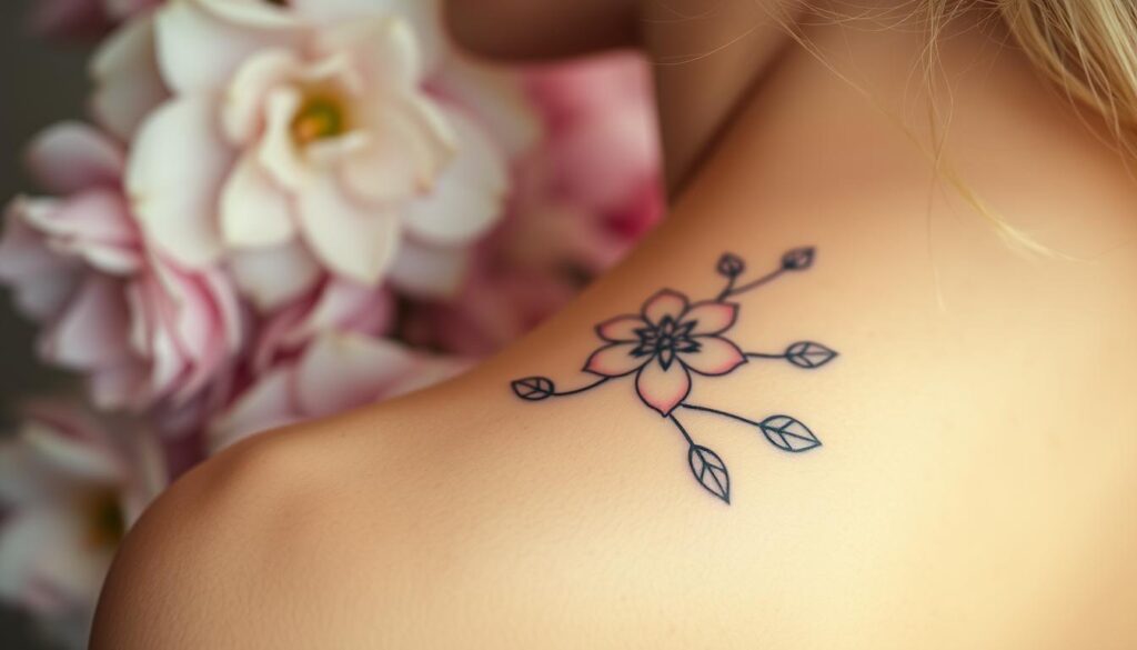 A delicate floral tattoo design with intricate linework and subtle shading, set against a softly blurred background of ethereal, pastel-hued blooms. The tattoo motif is a graceful, feminine interpretation of the traditional tattoo style, evoking a sense of natural beauty and gentle power. Captured in warm, diffused lighting with a shallow depth of field, the image conveys a mood of tranquility and elegant self-expression.