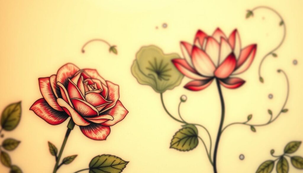 A delicate floral tattoo design, with intricate petals and lush greenery. In the foreground, a vibrant rose blossom, its petals unfurling gracefully, conveying a sense of beauty and romance. In the middle ground, a serene lotus flower, its elegantly curved stem and floating leaves creating a tranquil, spiritual atmosphere. The background features a soft, muted blend of foliage, with delicate vines and leaves intertwining to form a natural, organic composition. The lighting is soft and diffused, casting a warm, ethereal glow over the scene. The overall impression is one of elegance, femininity, and a connection to the natural world. A delicate floral tattoo design, with intricate petals and lush greenery. In the foreground, a vibrant rose blossom, its petals unfurling gracefully, conveying a sense of beauty and romance. In the middle ground, a serene lotus flower, its elegantly curved stem and floating leaves creating a tranquil, spiritual atmosphere. The background features a soft, muted blend of foliage, with delicate vines and leaves intertwining to form a natural, organic composition. The lighting is soft and diffused, casting a warm, ethereal glow over the scene. The overall impression is one of elegance, femininity, and a connection to the natural world.