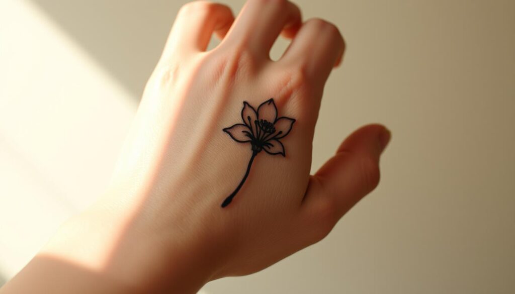 A delicate flower blossoms on the back of a hand, petals unfurling in soft hues. The skin's texture adds a tactile quality, while natural lighting casts gentle shadows, highlighting the intricate linework. The hand is posed gracefully, fingers slightly curled, conveying a sense of beauty and tranquility. The flower's symbolism - be it growth, renewal, or fragility - is subtly expressed through the composition. This intimate tattoo design celebrates the human form, inviting the viewer to appreciate the artistry and meaning behind this personal adornment.