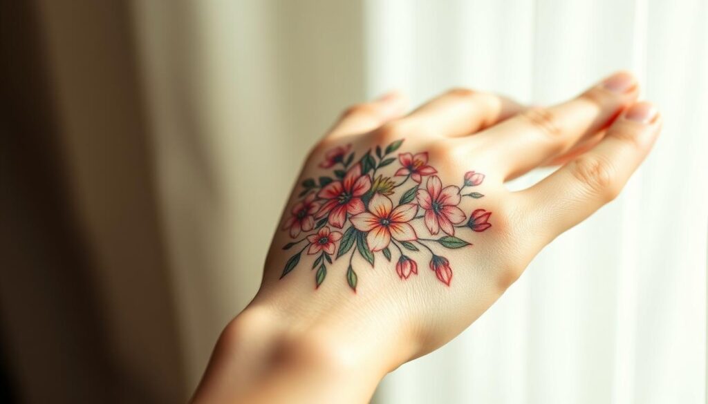 A delicate flower hand tattoo design in a soft, natural lighting. The tattoo design features a bouquet of various blooming flowers like roses, lilies, and cherry blossoms, thoughtfully arranged across the back of the hand. The tattoo appears vibrant and lifelike, with intricate details and shading that capture the beauty and fragility of the floral motif. The hand is positioned in a relaxed, elegant pose, highlighting the graceful placement of the tattoo. The overall composition evokes a sense of femininity, elegance, and the ephemeral nature of beauty.