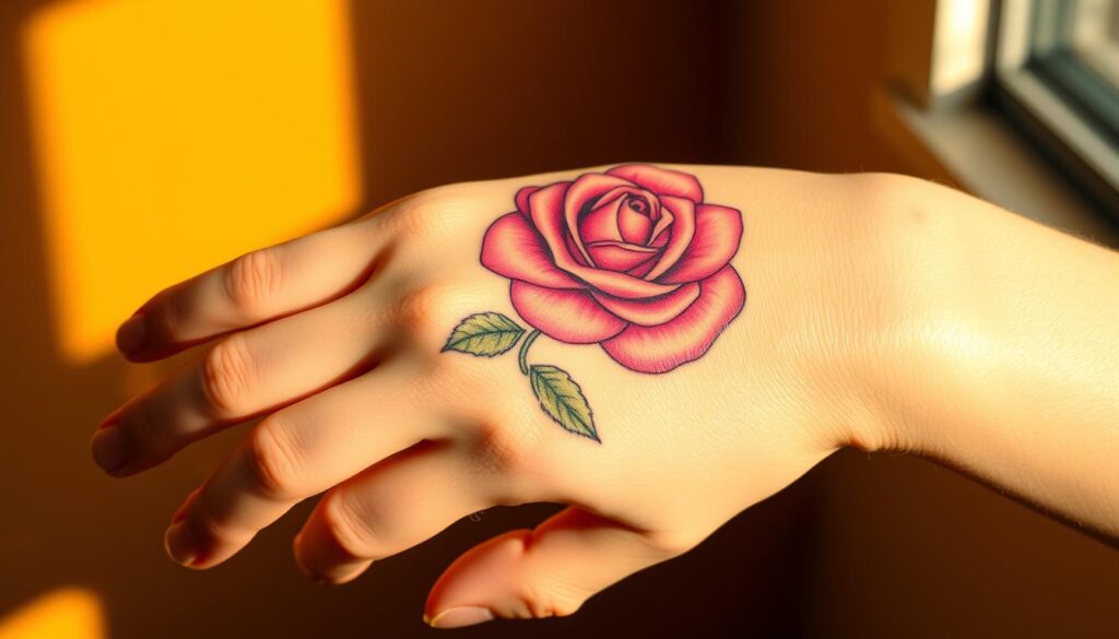 A delicate flower hand tattoo, its petals unfurling across the skin. The design features a vibrant, photorealistic rose in full bloom, the petals rendered with exquisite detail. The tattoo is placed prominently on the back of the hand, the fingers slightly spread to showcase the intricate linework. Warm, directional lighting from the side casts subtle shadows, accentuating the dimensionality of the tattoo. The hand is positioned in a relaxed, natural pose, conveying a sense of grace and femininity. The overall composition highlights the tattoo as the central focus, showcasing it as a bold, visually striking body art piece.