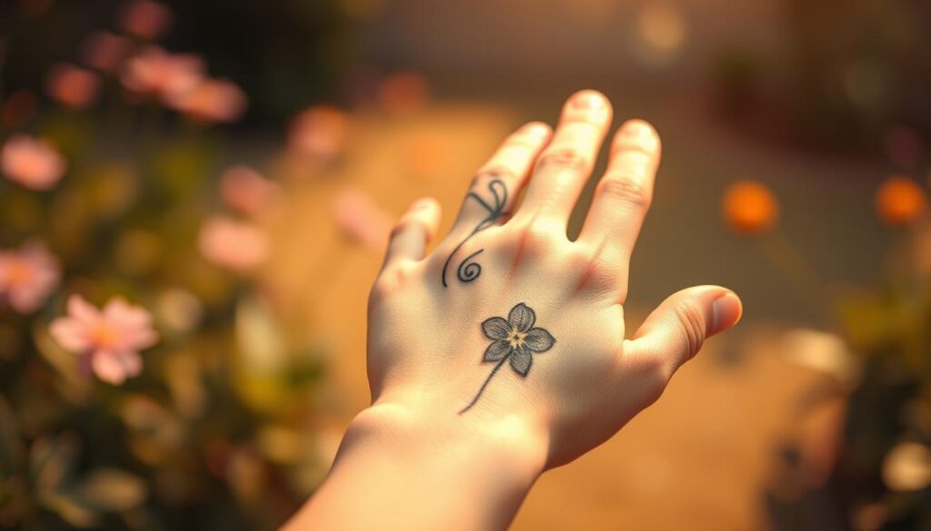 A delicate flower hand tattoo, its petals unfurling across the skin. The foreground showcases the intricate linework, with shades of vibrant color or muted grey tones bringing the design to life. The middle ground captures the hand in a relaxed, natural pose, highlighting the placement and scale of the tattoo. In the background, a softly blurred, ethereal environment sets the mood - perhaps a tranquil garden or a meditative space. Warm, directional lighting casts subtle shadows, emphasizing the three-dimensional quality of the tattoo. The overall atmosphere is one of tranquility, beauty, and personal expression.