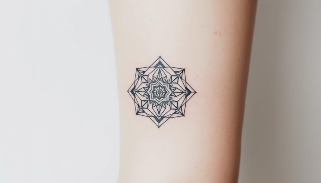 A delicate geometric tattoo design featuring intricate patterns and shapes, rendered with sharp lines and subtle gradients. The design is set against a clean, minimalist background, with soft, diffused lighting illuminating the subtle details and textures. The overall composition exudes a sense of balance, symmetry, and understated elegance, capturing the essence of a meaningful, small-scale tattoo.