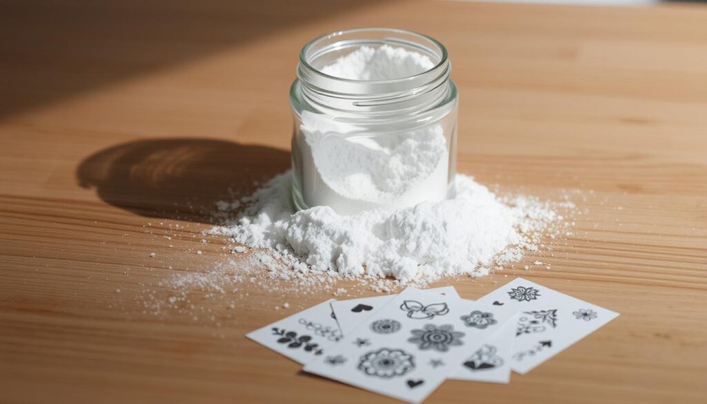 A delicate glass jar filled with pristine, finely-milled baby powder sits atop a wooden surface, its soft, powdery contents spilling out alluringly. Soft, directional lighting illuminates the jar, casting gentle shadows and highlighting the smooth texture of the powder. In the foreground, a few temporary tattoo transfers are carefully arranged, their intricate designs ready to be applied. The overall scene conveys a sense of simplicity, purity, and preparation for a special self-care ritual.