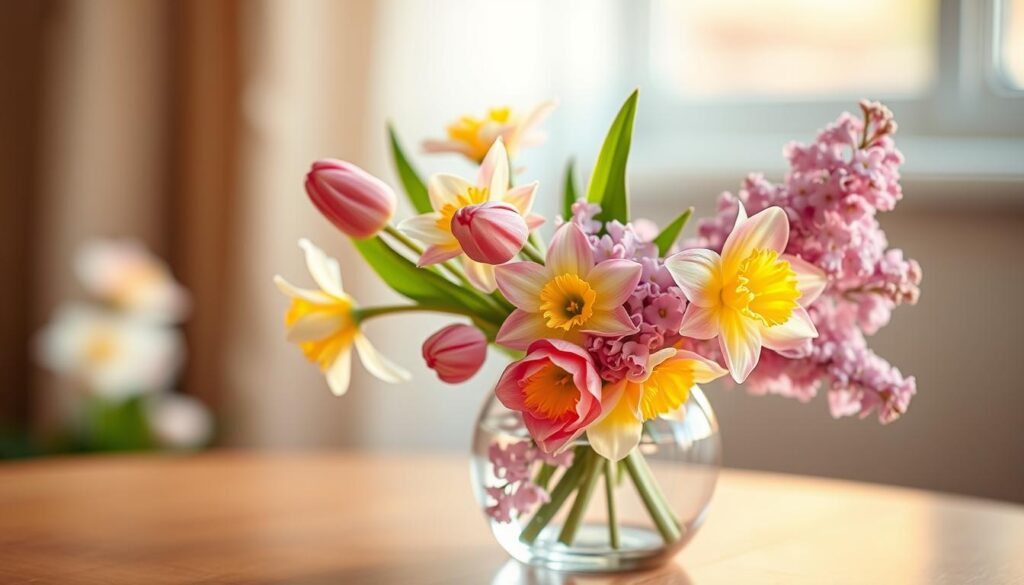 A delicate glass vase, gently curved and gleaming, stands against a softly blurred backdrop. The vase's surface reflects the warm light, casting a gentle glow upon the arrangement of freshly picked spring flowers within - vibrant tulips, delicate daffodils, and fragrant lilacs in shades of pink, yellow, and purple. The scene is captured with a shallow depth of field, allowing the flowers to take center stage while the background fades into a hazy, dreamlike ambiance. The overall composition evokes a sense of tranquility and the rejuvenating spirit of the spring season.
