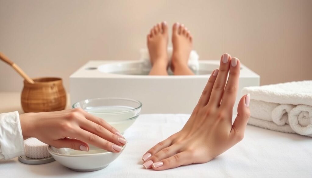 A delicate hand and foot spa set against a serene, minimalist backdrop. In the foreground, a pristine manicure set with nail files, buffers, and a bowl of soapy water. Elegant, long-fingered hands rest gracefully, nails neatly trimmed and polished in a soft, neutral hue. In the middle ground, a pedicure tub filled with fragrant, steaming water and surrounded by plush towels. Feet, freshly exfoliated, propped up to reveal perfectly groomed toenails, painted in a complementary shade. Soft, diffused lighting casts a warm, relaxing glow, capturing the tranquil atmosphere of a luxurious spa experience. A delicate hand and foot spa set against a serene, minimalist backdrop. In the foreground, a pristine manicure set with nail files, buffers, and a bowl of soapy water. Elegant, long-fingered hands rest gracefully, nails neatly trimmed and polished in a soft, neutral hue. In the middle ground, a pedicure tub filled with fragrant, steaming water and surrounded by plush towels. Feet, freshly exfoliated, propped up to reveal perfectly groomed toenails, painted in a complementary shade. Soft, diffused lighting casts a warm, relaxing glow, capturing the tranquil atmosphere of a luxurious spa experience.