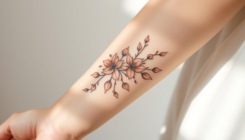 A delicate, hand-drawn floral tattoo design adorns a lithe, feminine forearm. The intricate petals and leaves are rendered in soft, watercolor-like hues, creating a whimsical, ethereal effect. The design is perfectly balanced, with negative space complementing the organic curves and delicate linework. Soft, diffused lighting casts gentle shadows, accentuating the three-dimensional quality of the tattoo. The overall mood is one of natural beauty, elegance, and a touch of mysticism, reflecting the wearer's unique personality and aesthetic sensibilities.