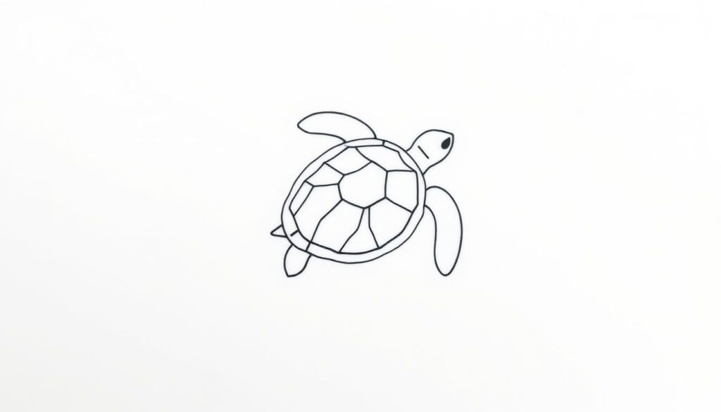 A delicate, hand-drawn sea turtle design in a minimalist, line-based style. The turtle's shell features a simple, geometric pattern that suggests the organic curves of its form. The linework is clean and precise, with subtle variations in line weight to add depth and dimension. The turtle is positioned in the center of the frame, surrounded by a soft, atmospheric background that suggests a serene, underwater environment. The lighting is soft and diffused, creating a sense of tranquility and introspection. The overall impression is one of quiet elegance and thoughtful contemplation, perfectly suited for a meaningful small tattoo.