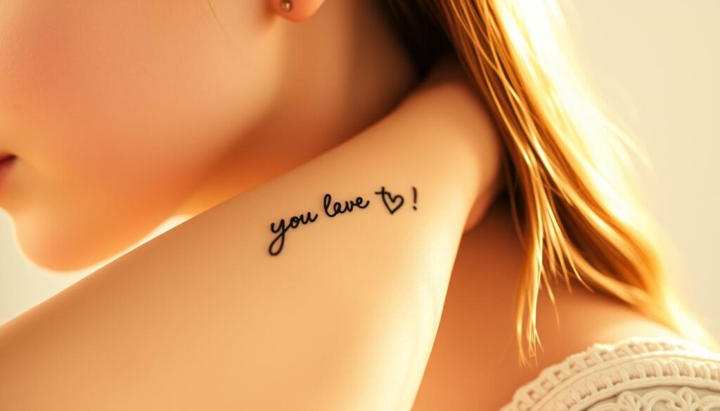 A delicate, hand-drawn-style cursive word or short quote tattoo design, thoughtfully placed on the inner wrist, forearm, or behind the ear of a young, fair-skinned woman. The tattoo is rendered in a soft, muted palette, with a slight vintage tone. Warm, natural lighting illuminates the skin, creating a glowing, radiant effect. The composition focuses tightly on the tattoo design, with a clean, minimalist background that allows the meaningful text to be the star of the image.