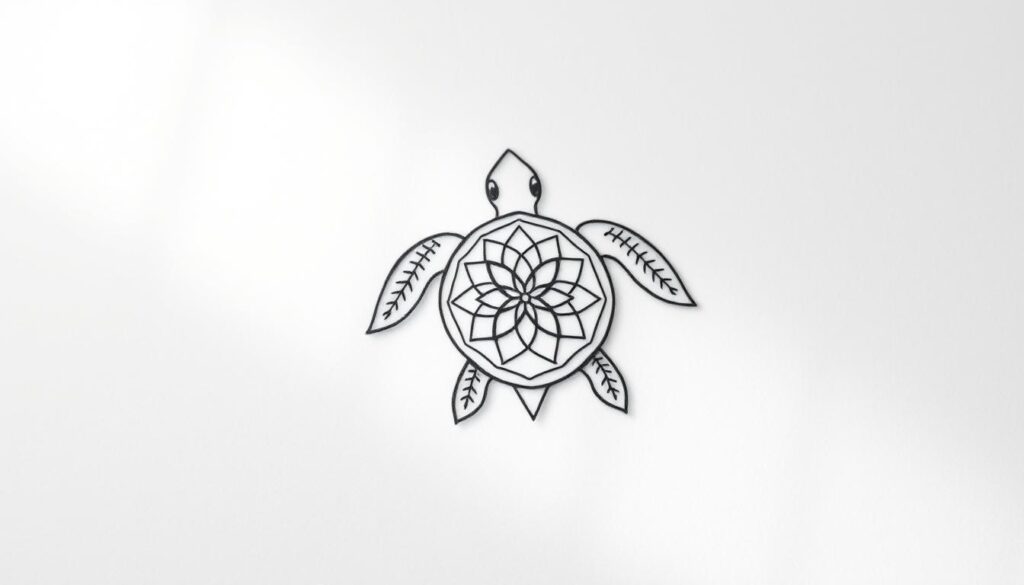 A delicate, hand-drawn turtle tattoo design with intricate line work and shading. The turtle's shell features a geometric, mandala-like pattern, symbolizing harmony and balance. Its limbs are extended, conveying a sense of tranquility and inner peace. The design is set against a minimalist, muted background, allowing the tattoo to be the focal point. Subtle lighting from the side casts soft shadows, highlighting the texture and depth of the illustration. The overall aesthetic is elegant, thoughtful, and befitting a meaningful small tattoo.