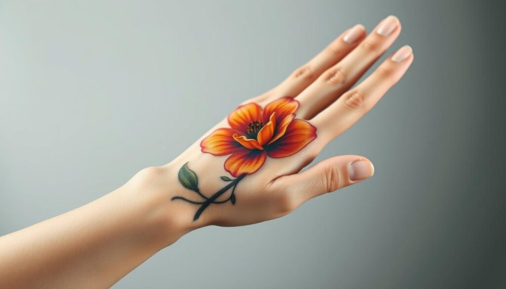 A delicate hand, fingers outstretched, as a vibrant, realistic flower tattoo blooms across the skin. The petals, rendered with precision and depth, appear to sway gently in the soft, diffused lighting. A sense of tranquility and organic beauty pervades the scene, with the tattoo seamlessly integrated into the natural contours of the hand. The composition emphasizes the intricate, three-dimensional nature of the design, showcasing the skilled artistry of the tattoo artist. The overall tone is one of serene elegance, inviting the viewer to appreciate the symbolic significance and artistic expression of the flower hand tattoo.