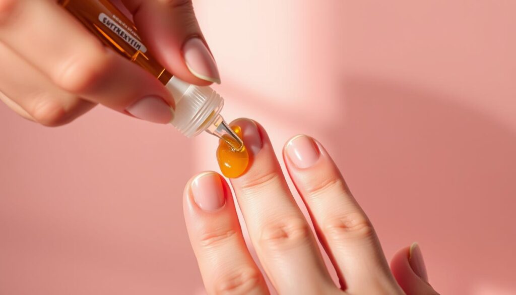 A delicate hand gently applies a nourishing cuticle oil to freshly revealed natural nails, their surface slightly roughened from the removal of artificial enhancements. The fingertips are bathed in soft, diffused lighting, casting subtle shadows that emphasize the nail beds and accentuate the care being taken. In the background, a serene pastel-hued backdrop provides a calming, minimalist setting, allowing the focus to remain on the restorative nail care process. The overall mood is one of tranquility and intentionality, reflecting the importance of treating one's nails with patience and kindness after the strain of glue removal. A delicate hand gently applies a nourishing cuticle oil to freshly revealed natural nails, their surface slightly roughened from the removal of artificial enhancements. The fingertips are bathed in soft, diffused lighting, casting subtle shadows that emphasize the nail beds and accentuate the care being taken. In the background, a serene pastel-hued backdrop provides a calming, minimalist setting, allowing the focus to remain on the restorative nail care process. The overall mood is one of tranquility and intentionality, reflecting the importance of treating one's nails with patience and kindness after the strain of glue removal.