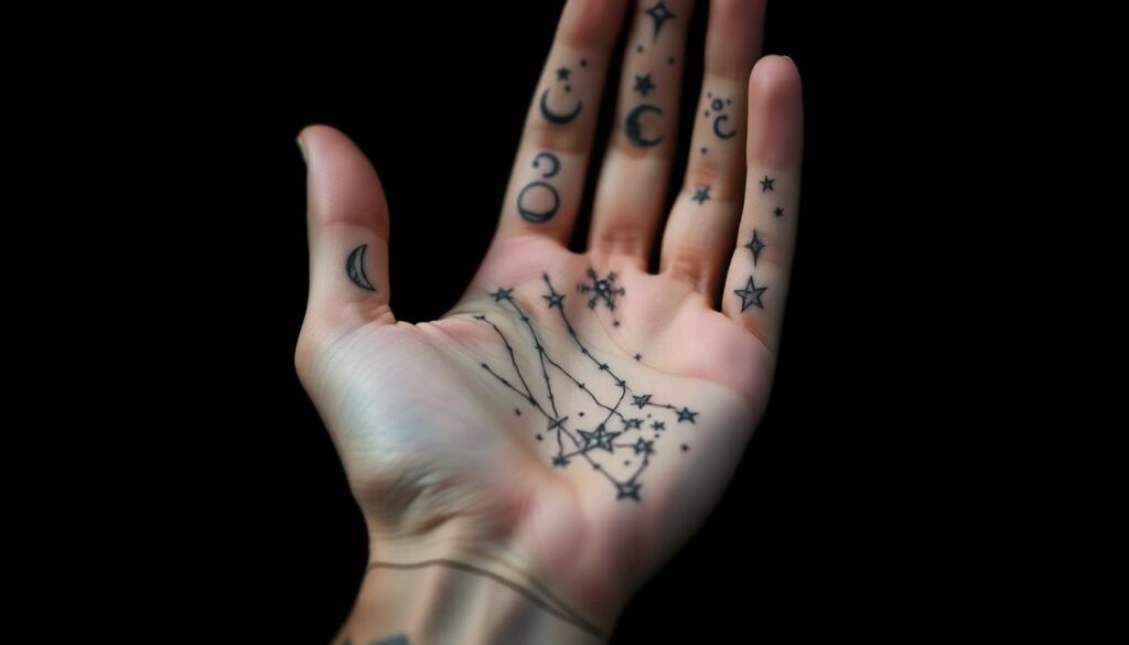A delicate hand, palm facing forward, adorned with intricate celestial-inspired tattoo designs. The intricate linework creates a mesmerizing pattern of stars, moons, and galaxies, their ethereal glow casting a soft, otherworldly light upon the skin. The fingers are elegantly elongated, each one showcasing a unique celestial motif, from crescent moons to shooting stars. The overall composition is shot in a close-up, high-contrast style, emphasizing the delicate details and the mystical, dreamlike quality of the tattoos. The background is kept minimal, allowing the hand and its celestial adornments to take center stage, capturing the essence of a truly unique and visually striking hand tattoo design.