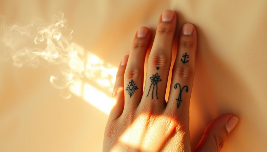 A delicate hand rests against a soft, ethereal background, the fingers adorned with intricate symbolic tattoos. Wispy clouds of light and shadow caress the skin, creating an aura of mysticism. The tattoos, rendered in fine, elegant lines, depict meaningful symbols such as celestial motifs, delicate florals, and abstract patterns. The lighting is warm and diffused, casting a gentle, almost reverent glow on the hand, highlighting the beauty and significance of the symbolic finger tattoos.