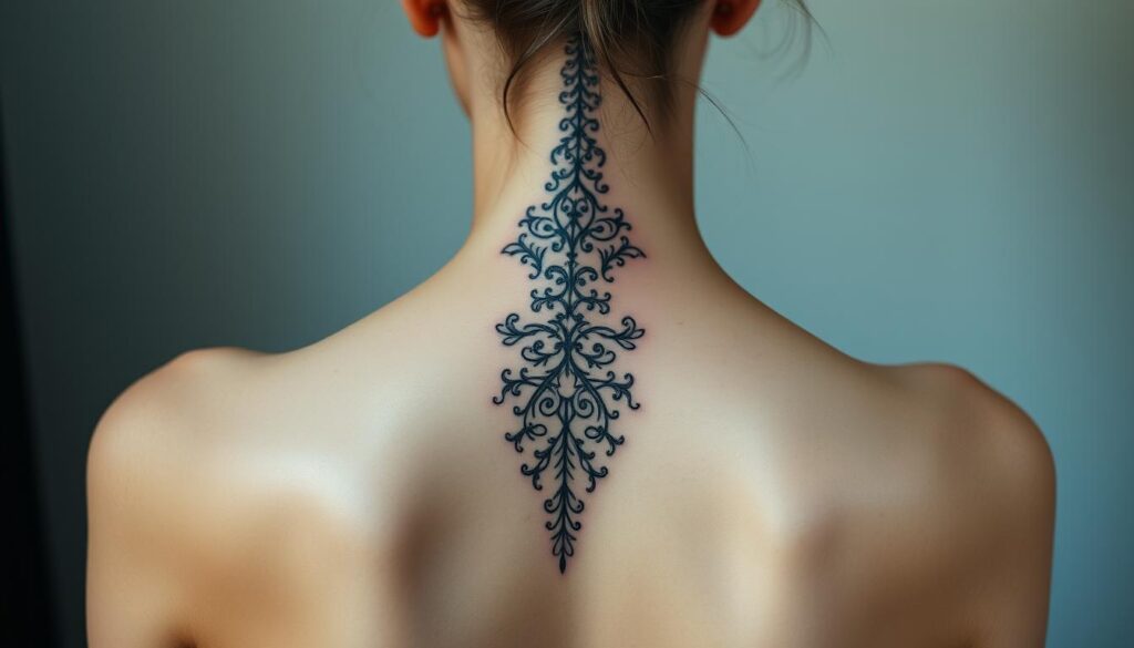 A delicate, intricate spine tattoo design cascading down the back, like a rivulet of ink flowing gracefully along the vertebrae. The pattern is a mesmerizing blend of organic flourishes and geometric elements, creating a harmonious balance between nature and structure. Soft, diffused lighting casts subtle shadows, accentuating the depth and texture of the tattoo. The design is positioned in the center of the frame, framed by the model's slender, elegant silhouette, capturing the essence of a visually striking and sophisticated neck and spine tattoo.
