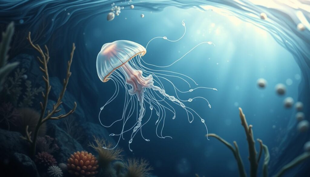 A delicate jellyfish drifting amidst a swirling ocean scene, its tentacles intertwining gracefully with seaweed, coral, and other marine life. The creature's ethereal form is rendered in fluid, luminous strokes, as if captured in a moment of serene movement. Soft, diffused lighting filters through the water, casting a dreamy, atmospheric glow over the entire composition. The overall mood is one of tranquility and wonder, inviting the viewer to immerse themselves in the beauty and symbolism of this captivating tattoo design.