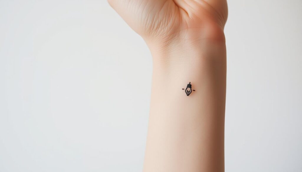 A delicate lightbulb tattoo design against a minimalist backdrop. The bulb is rendered in a sleek, clean line art style, casting a soft, warm glow. The design is subtly placed, perhaps on the inner wrist or behind the ear, adding a touch of understated elegance. The background is a simple, neutral tone, allowing the tattoo to shine as the focal point. Soft, diffused lighting creates a serene, contemplative atmosphere, conveying a sense of introspection and quiet self-expression. The overall impression is one of refined simplicity, a tattoo that speaks volumes with understated grace.
