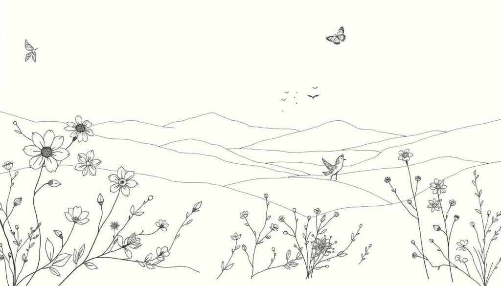 A delicate line art landscape depicting nature-inspired tattoo designs. In the foreground, fine line sketches of intricate botanical elements like delicate flower petals, leaves, and vines flow organically across the skin. In the middle ground, minimalist line drawings of serene wildlife such as birds, butterflies, and small animals emerge from the natural elements. The background showcases a softly rendered, atmospheric scene of rolling hills, mountains, or a tranquil body of water, all captured in a muted, earthy color palette that evokes a sense of timelessness. The overall composition has a balance of negative space and minimalist detail, creating a breathtaking, nature-infused tattoo design.