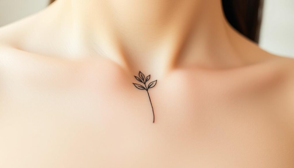 A delicate line-art tattoo design featuring a whimsical, hand-drawn flower or leaf motif, positioned centrally on the subject's skin. The linework is clean and expressive, with a slight, organic variation for a hand-crafted aesthetic. The tattoo is depicted on a softly-lit, pale, and unblemished skin tone, with gentle shadows and highlights accentuating the form. The overall mood is one of simplicity, minimalism, and thoughtful, meaningful self-expression.