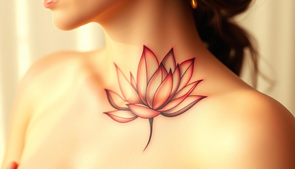 A delicate lotus flower tattoo design, with intricate petals unfurling against a serene, ethereal background. The tattoo is rendered in a soft, watercolor-like style, evoking a sense of tranquility and personal meaning. The lotus blossom is positioned prominently, its graceful curves and subtle shading capturing the essence of growth, resilience, and inner harmony. Warm, diffused lighting bathes the scene, creating a contemplative, almost meditative atmosphere. The overall composition conveys a profound connection to nature and a celebration of the wearer's personal journey of self-expression.