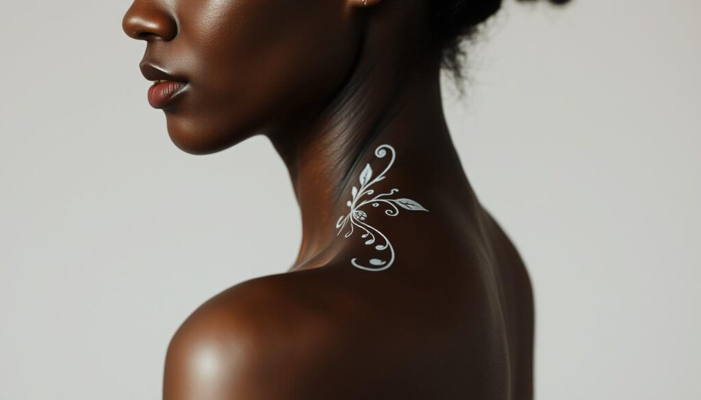 A delicate, luminous white ink tattoo elegantly contrasts against the rich, deep tone of a model's skin. The tattoo's intricate, flowing design is meticulously rendered, catching the soft, directional lighting that casts subtle shadows and highlights the subtle textures of the skin. The model's pose is natural and relaxed, allowing the tattoo to be the focal point. The background is minimalist, keeping the attention on the central subject. The overall mood is one of understated beauty, highlighting the challenges and considerations of achieving a visually striking white ink tattoo on darker complexions.