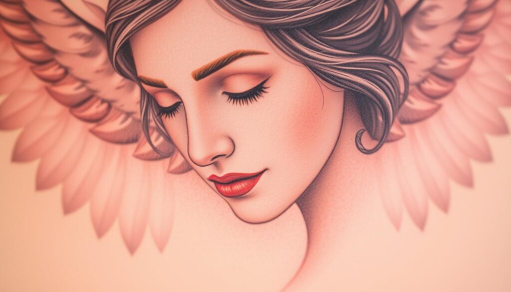 A delicate memorial mom tattoo design featuring a realistic portrait of a mother's face, her gentle expression conveying a profound sense of love and loss. The design is set against a soft, ethereal background of feathers or wings, symbolizing the mother's heavenly presence. The lighting is warm and diffused, creating a somber yet serene atmosphere. The overall composition is balanced and visually striking, capturing the bittersweet emotions associated with honoring a mother's memory through a meaningful, personalized tattoo.