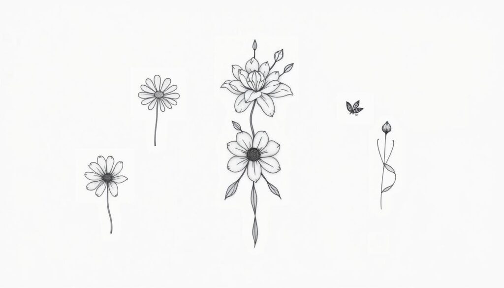 A delicate, minimalist collection of fine line tattoo designs, featuring intricate floral motifs, minimalist geometric patterns, and abstract line art. The designs are rendered with precision and elegance, showcasing the beauty of negative space and the power of simplicity. The tattoos are depicted against a clean, neutral background, allowing the delicate lines and subtle details to take center stage. The lighting is soft and diffused, creating a serene, contemplative atmosphere that highlights the refined, modern aesthetic of these unique tattoo ideas.
