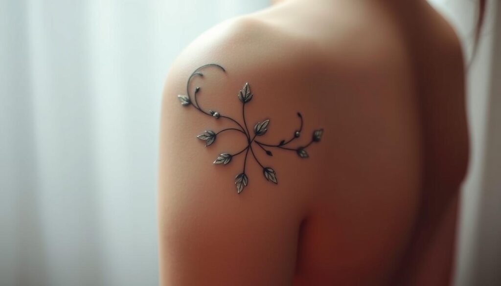 A delicate, minimalist fine line tattoo design against a soft, diffused background. A central focus on intricate, flowing patterns that evoke the natural world - leaves, vines, or abstract shapes. Muted, pastel-like color palette with hints of metallic accents. Gentle, ambient lighting casts a warm, romantic glow. The image conveys a sense of elegance, femininity, and modern sophistication - a visually captivating representation of the "Trending Pretty Tattoo Styles in 2024".
