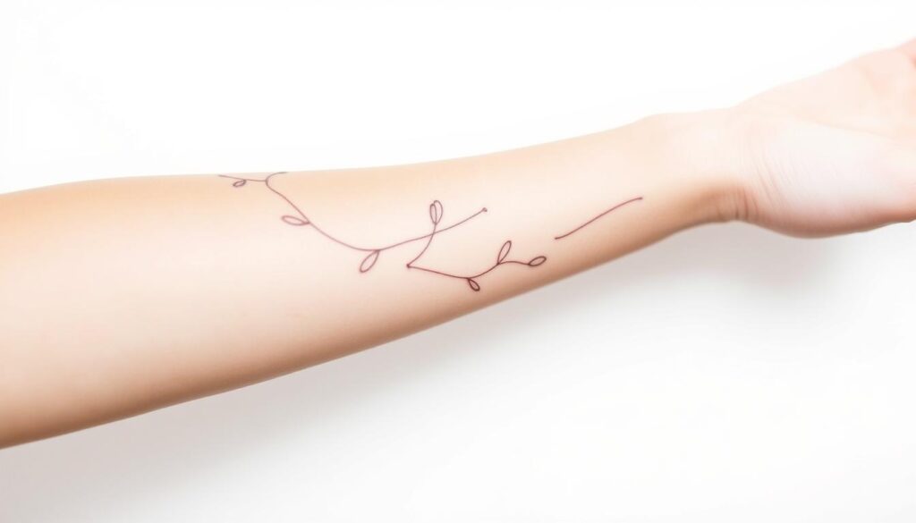 A delicate, minimalist fine line tattoo design flowing gracefully across a lithe, porcelain-skinned arm. The intricate linework creates a captivating pattern of abstract shapes and organic motifs, exuding a timeless, elegant charm. Soft, diffused lighting gently accentuates the subtle tones and shading, lending an ethereal, almost luminescent quality to the body art. The composition emphasizes the inherent beauty and simplicity of the tattoo, showcasing its minimalist aesthetics and the delicate nature of the fine line technique. The overall mood is one of refined sophistication and understated, natural beauty.